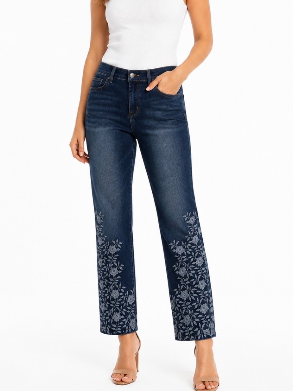 Chico’s Platinum embroidered dark denim jeans.